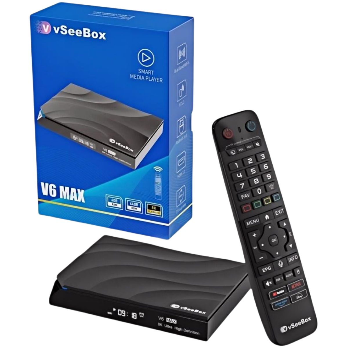 vSeeBox V6 Max vSeeBox V6 Max Android 14 streaming media player with backlit Bluetooth voice remote and retail box (Amlogic 905Y4, 4GB RAM, 64GB storage)