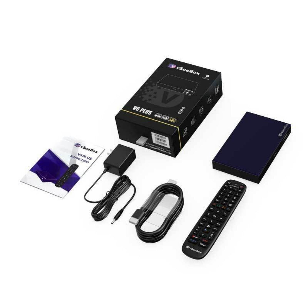 vSeeBox V6 Plus vSeeBox V6 Plus Android 14 TV box unboxed with backlit remote, HDMI cable, power adapter and retail box (Amlogic 905Y5, 4GB RAM, 64GB storage)