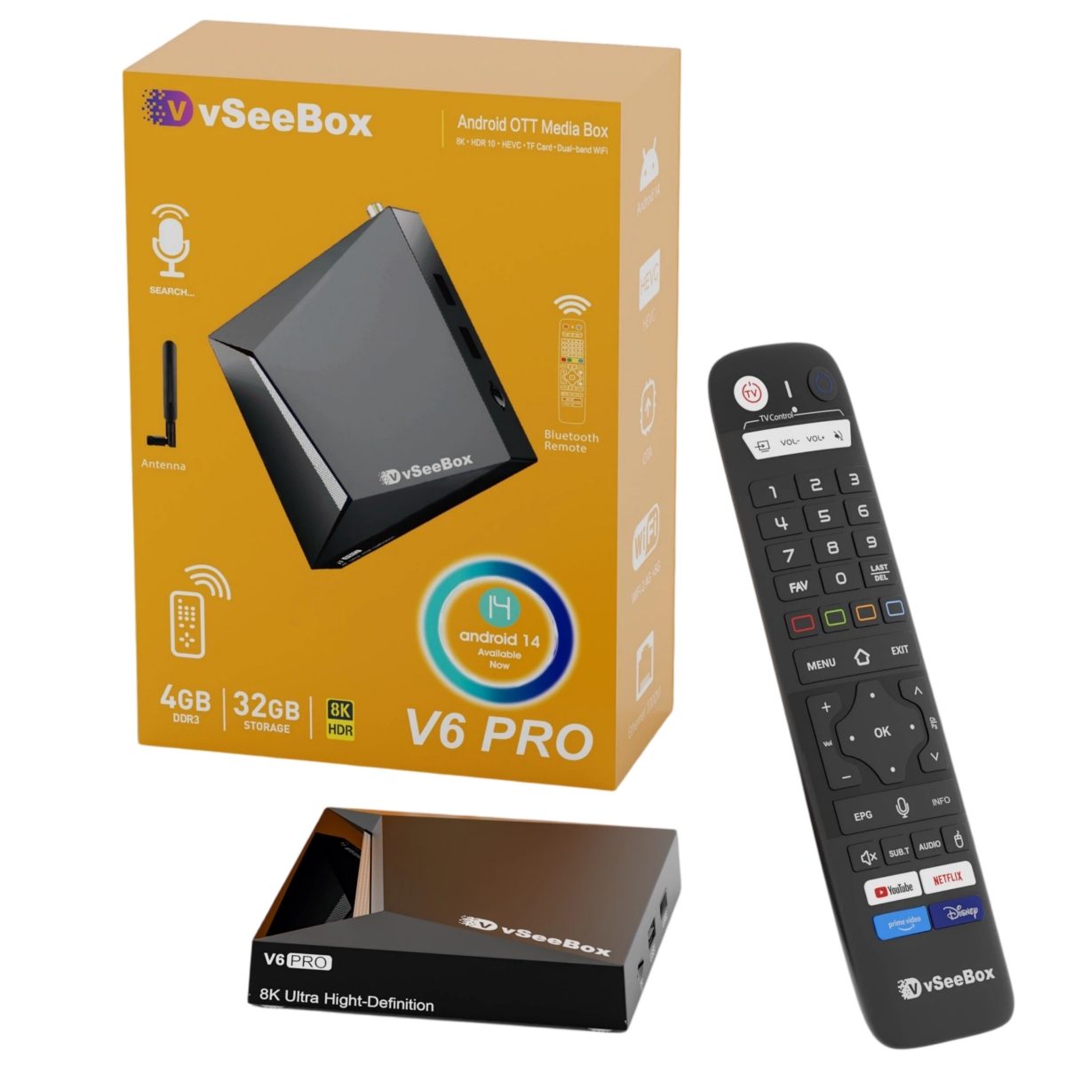 vSeeBox V6 Pro vSeeBox V6 Pro Android 14 streaming box with Bluetooth voice remote, external WiFi antenna and retail box (Allwinner H618, 4GB RAM, 32GB storage)